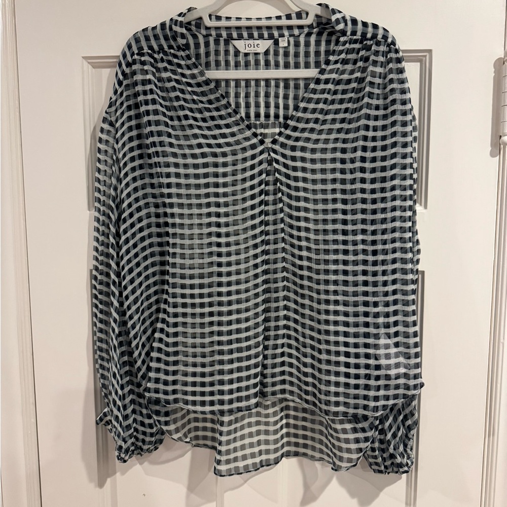Joie Black and White Silk Gingham Blouse